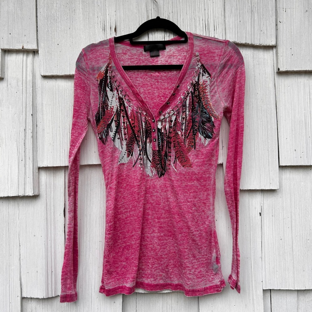 Womens Hot Pink Y2K Feather Embellished Long Sleeve V Neck Henley Shirt Top Sz M